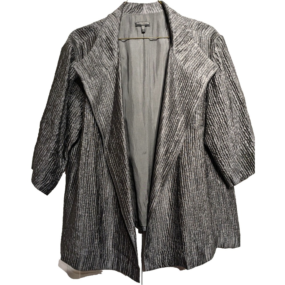 Eileen Fisher Jacket Womens 1X Gray Crinkle Textured Silk Open Front Blazer EUC